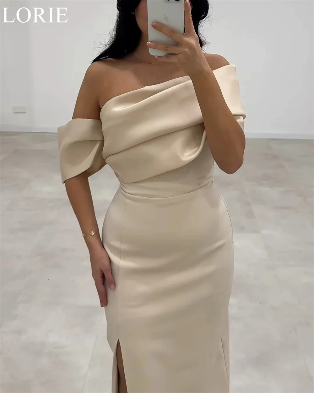 LORIE Elegant Champagne Satin Bridesmaid Dresses Mermaid One Shoulder Side Slit Draped Wedding Party Prom Gowns Customized