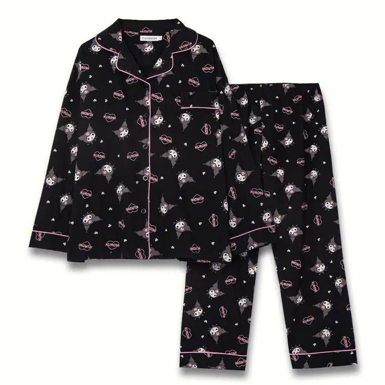 2023 New Sanrio Kuromi Pajamas Cartoon Long Spring Autumn Cardigan Home Wear Kawaii Korean Fresh Striped Girls Pajamas Girl Gift kawaii sanrio cinnamoroll kids baby pajamas anime kuromi my melody summer cool cotton camisole shorts set parent child home wear