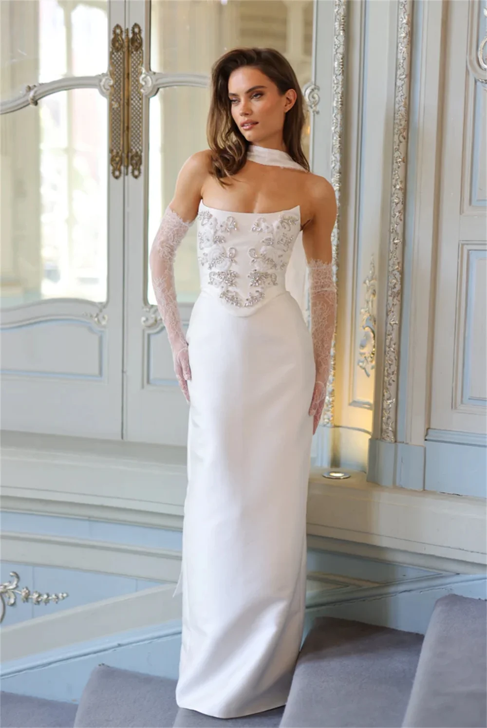 chinese dress ladies White Satin Rhinestone Strapless Mermaid Elegant Formal Dresses, CP0988 US14 / Custom Color(Leaving A note)