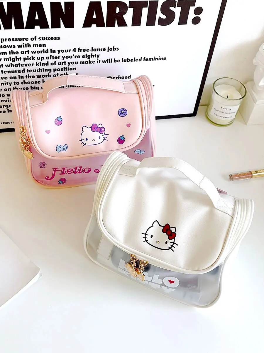 Sanrio Hello Kitty Cute Cosmetic Bag Portable Large Capacity Storage Bags Cartoon Women New Fashion Handbag Makeup Tote Bags johnny hallyday groceries tote shopping bag women fashion france rock singer shopper shoulder bags big capacity handbag