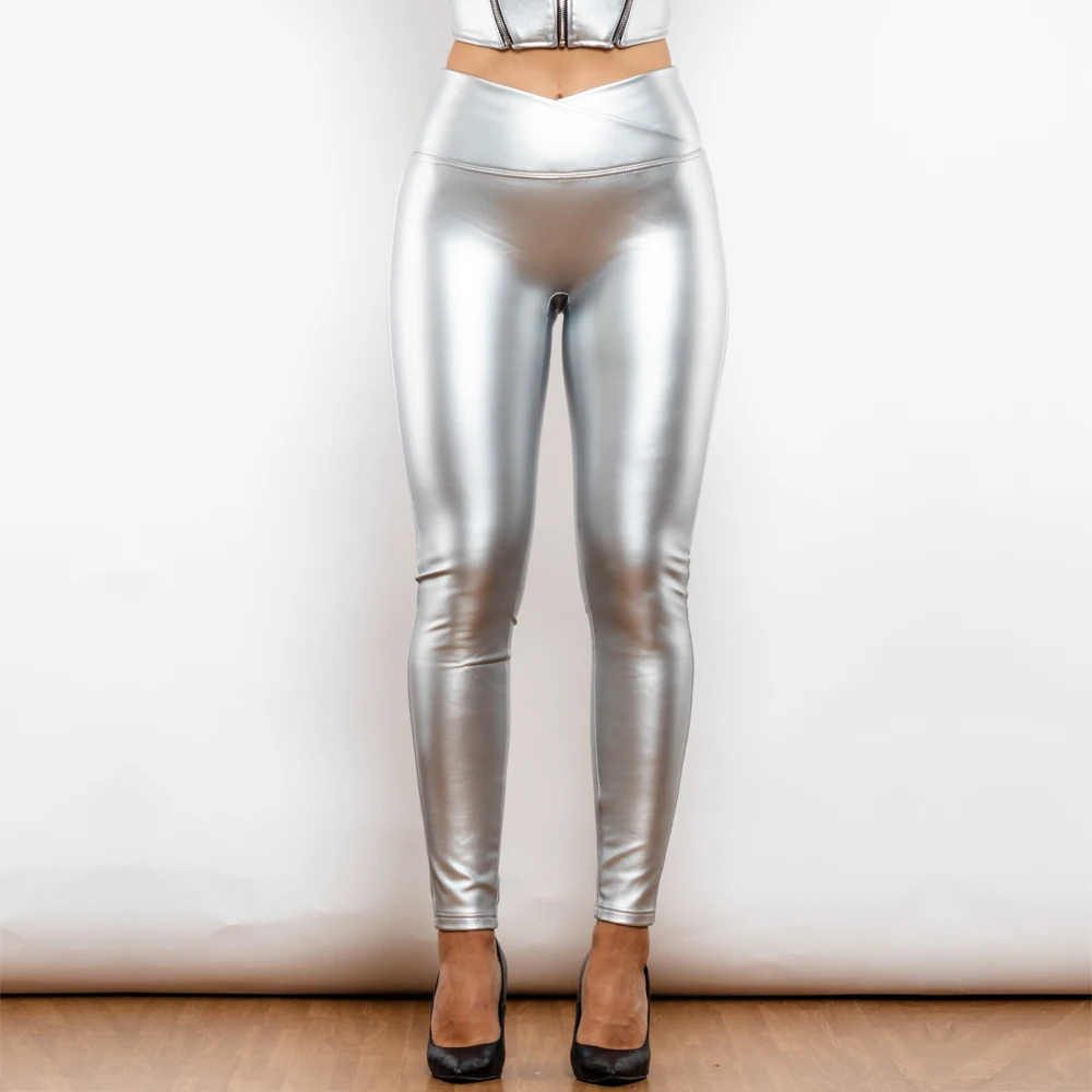 Shascullfites Melody X Cross Silver High Waist Leather V Shape Leggings Gym Sportswear Woman Leggings for Fitness