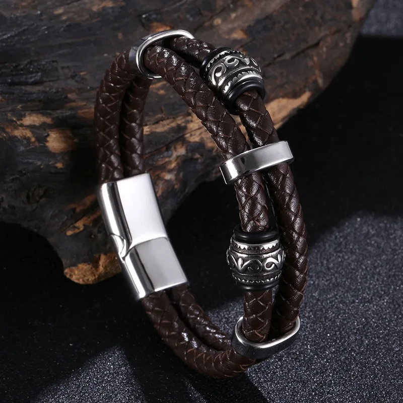 Men's 3-Layer Blue & Grey Braided Leather Bracelet with Stainless Steel