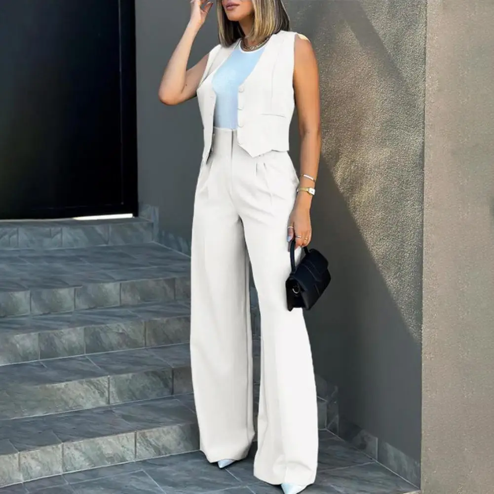 

White Wide Leg Pants Women Office Wear High Waist Elegant Lady Baggy Pants Sleeveless Vest Set Casual Women Workwear Suit Set