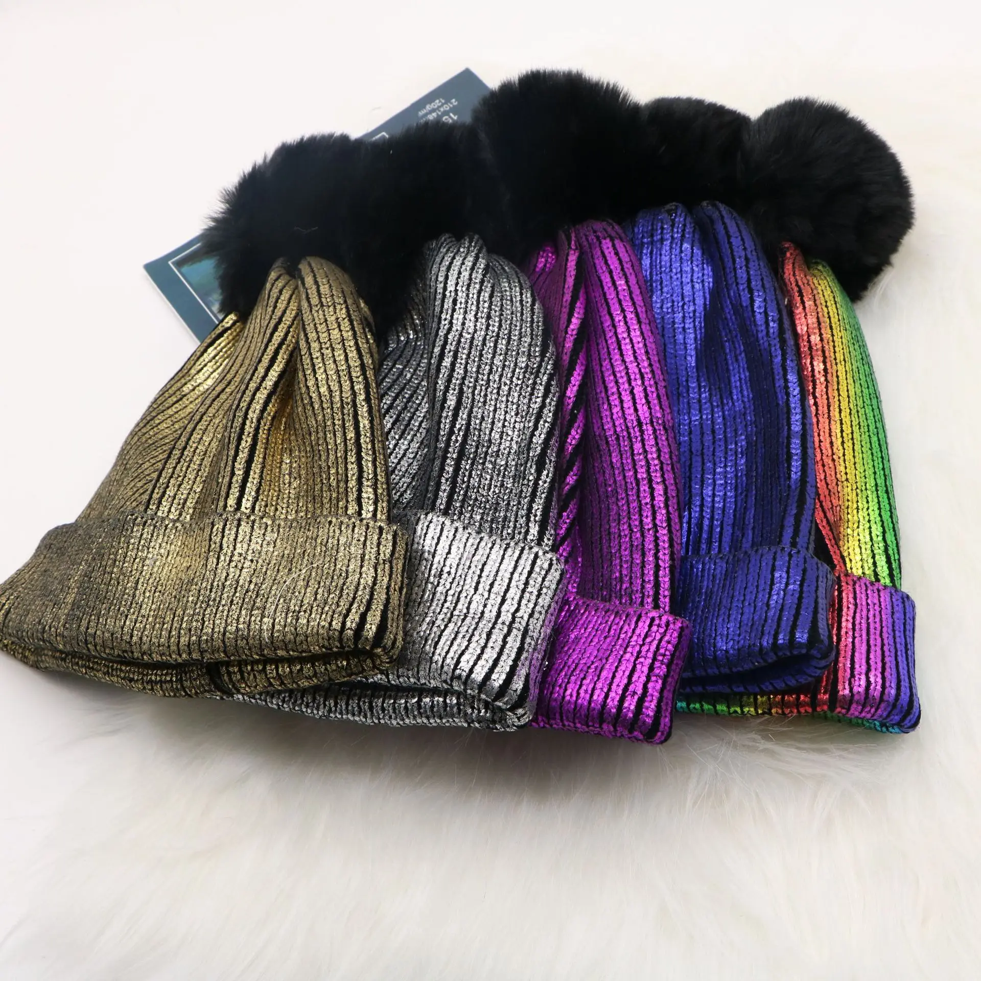 Knitted Winter Hats for Women Beanies Knitted Female Beanie Caps Fur Pom Pom Paillette Bling Hat Warmer Bonnet Ladies Casual Cap 4