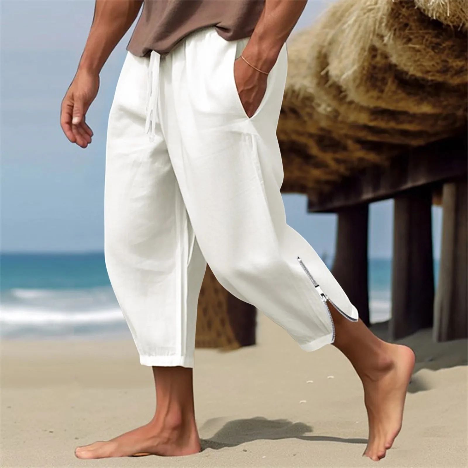 Men'S Linen Pants Summer Beach Pants Drawstring Elastic Waist Zippered Legs Solid Business Casual Trousers Men Little Year