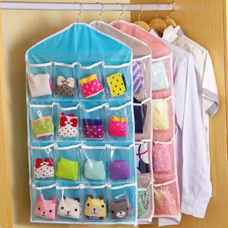 Hanging Storage Organizer 16 Pockets Wardrobe Pocket Clear Hanging Bag Underwear Sock Hanger Space Saving Neat