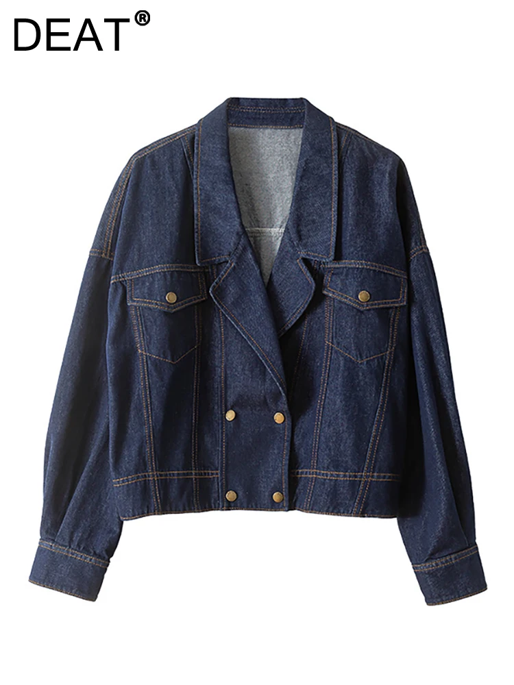 

Женский Джинсовый блейзер DEAT, двубортный блейзер с отложным воротником и яркой линией, короткая куртка на осень, 29L3611, 2023