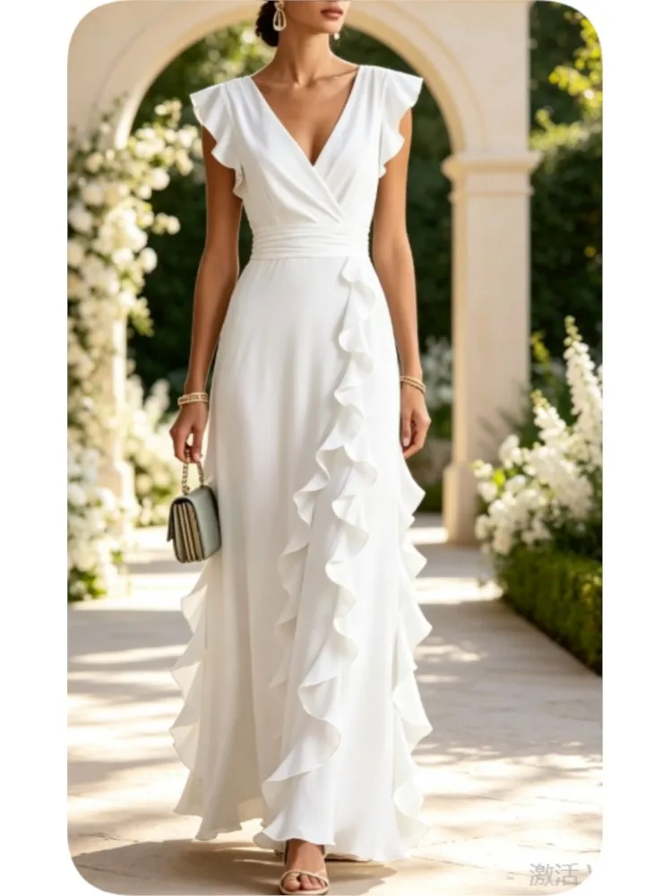Women White Maxi Dress Deep V Neck Ruffle Cap Sleeve Wrap Waist Long Evening Dress Wedding Guest Bridesmaid Formal Party Dresses