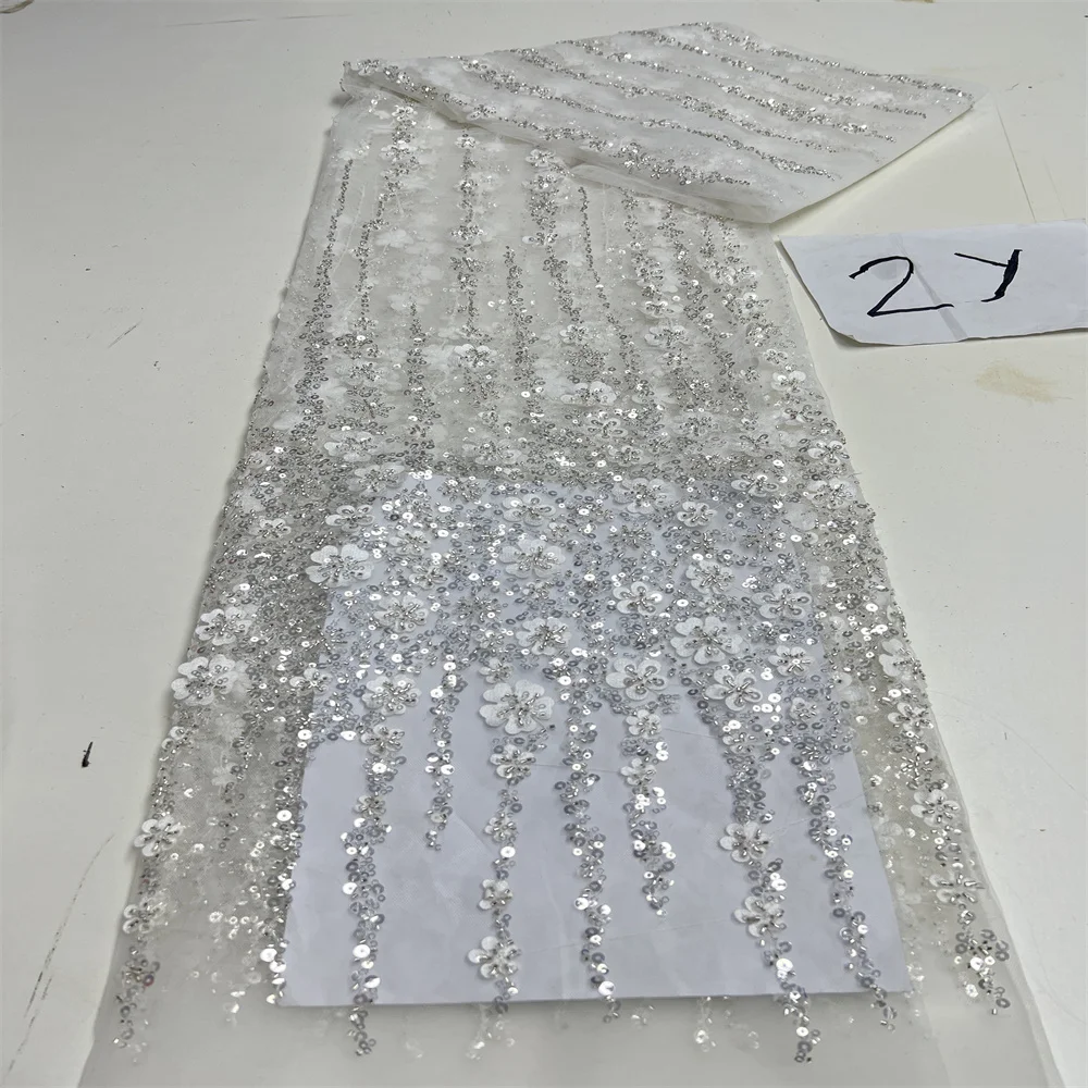 2 Yards Luxury French Mesh Beaded Lace Fabric African Sequins Groom Lace Fabrics for Nigerian Wedding Dress 2025 sequins jacquard lace fabric cotton voile lace fabric brocade lace fabric