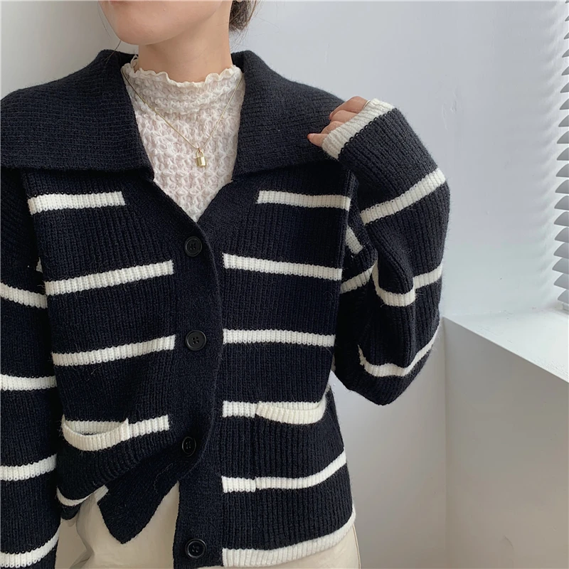 black sweater Croysier Cropped Cardigan Winter Women Long Sleeve Top V Neck Collared Knitted Sweater Casual Loose Striped Cardigans Sweaters pink cardigan