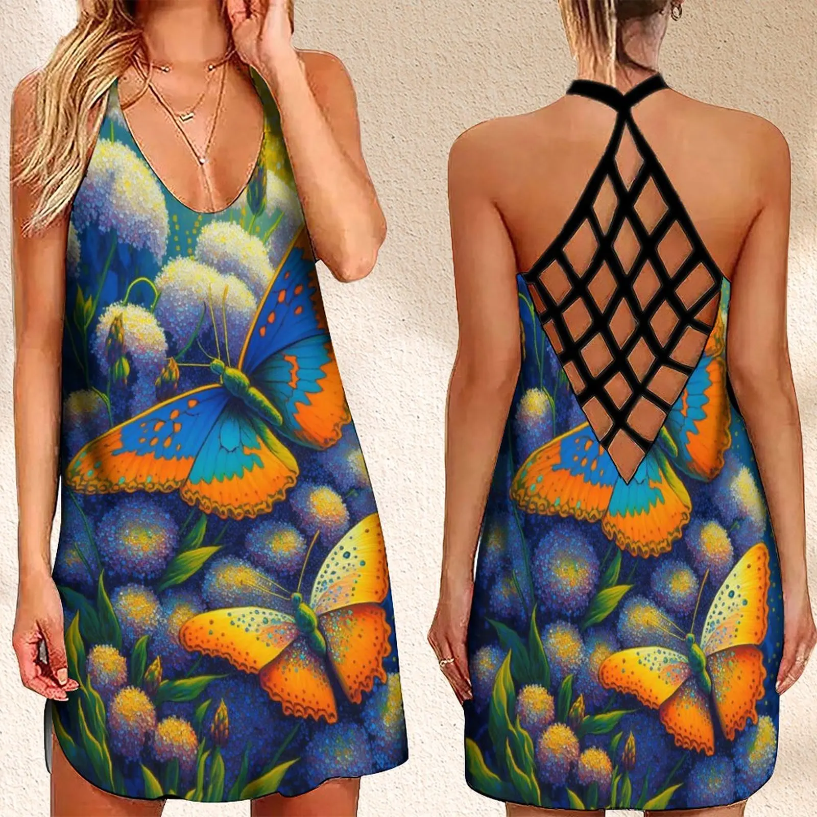 

Summer Women's Criss Cross Backless Sleeveless Dress Butterfly Flower Print Dress Woman 2023 Vintage