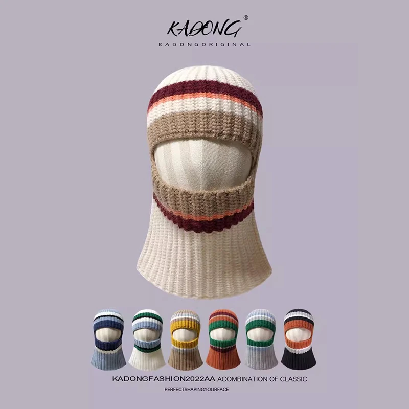 

Korean Contrasting Striped Balaclava Hats for Women Autumn and Winter Outdoor Warm Beanies Cap Neck Protection Cold Ski Hat Men