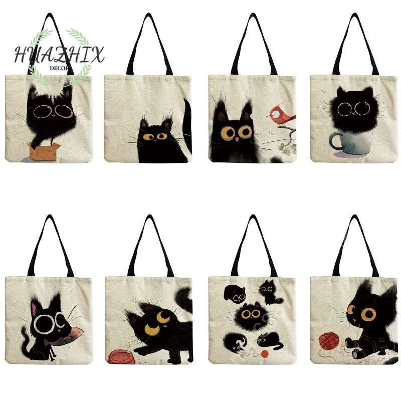 

Animal Printed Cartoon Shoulder Bags Black Cat Canvas Shopping Tote Bag Fashion Outdoor Women Eco-friendly High Capacity Handbag