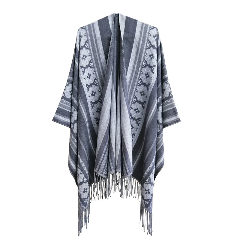 

Spring Autumn Geometric Jacquard Ethnic Style Tourism Split Tassel Shawl Women Air Conditioner Poncho Lady Capes Gray Cloaks