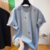 Fashionable Loose Short Sleeve Women's T-shirt Summer New Style Inner Wear Base Shirt Love Heart Design Crew Neck Top