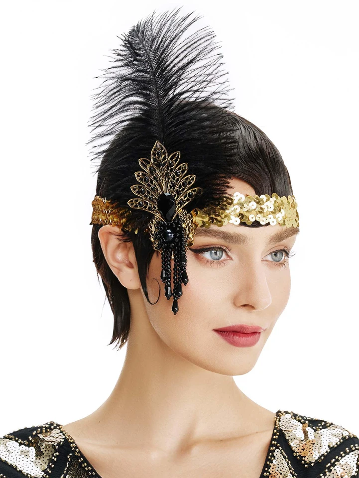 Fascia Per Capelli Anni '20 Con Piume, Strass E Perle - Accessorio Vintage Per Feste A Tema Gatsby, Matrimoni, Eventi Di Gala E Capodanno