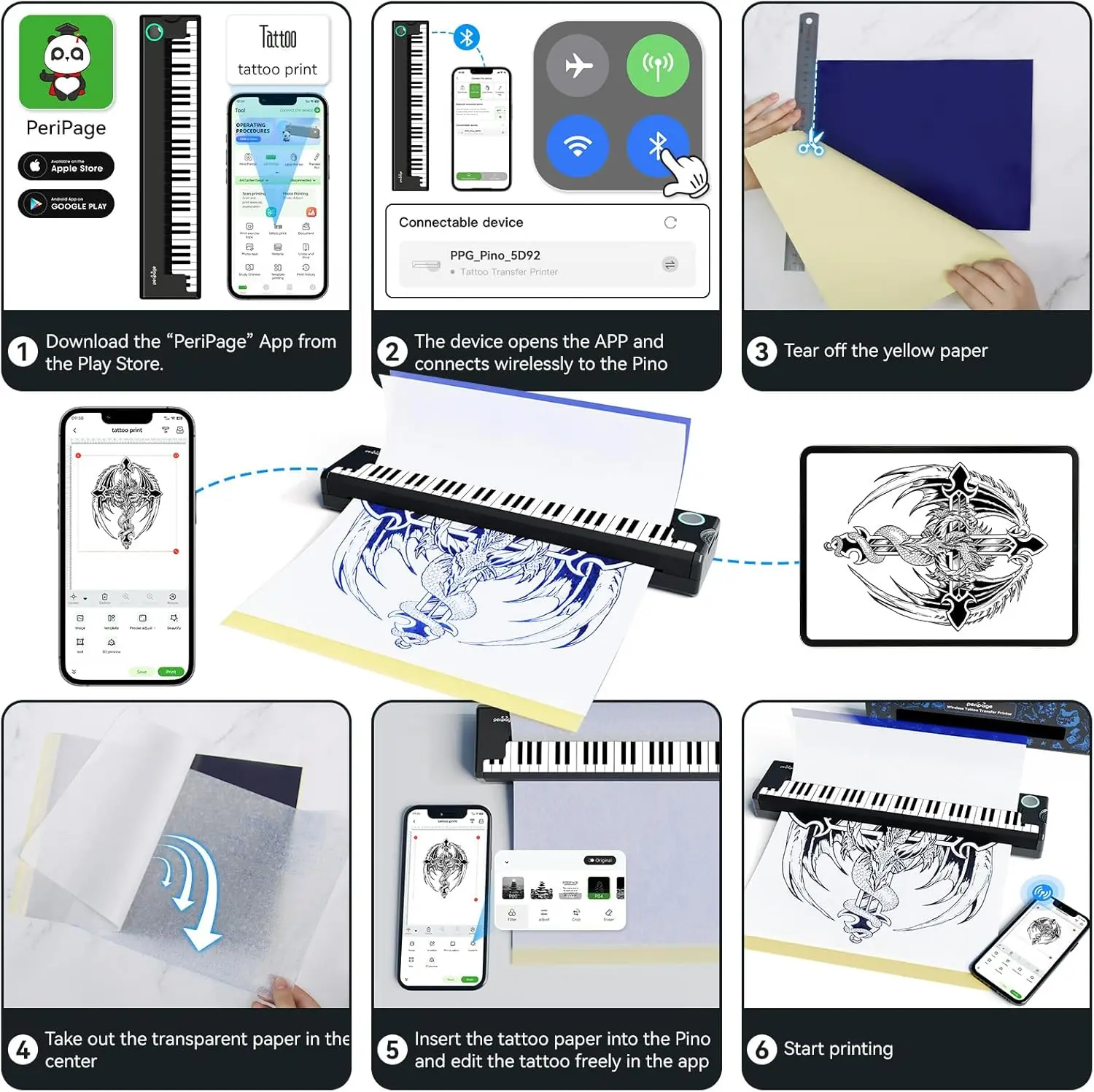 PeriPage P90 Piano Wireless Tattoo Transfer Stencil Printer Thermal Tattoo Machine with 5pcs Free Transfer Paper