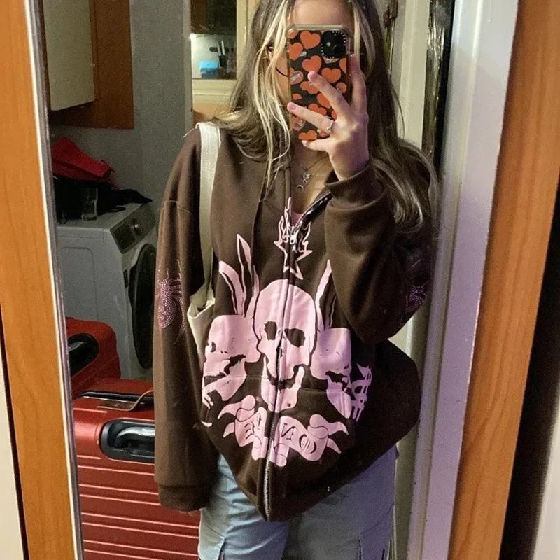 

Harajuku Y2K High Street skull Pattern Top Splicing Zipper Hoodie Men Women 2023 American Oversize Couple Anime Cardigan Coat