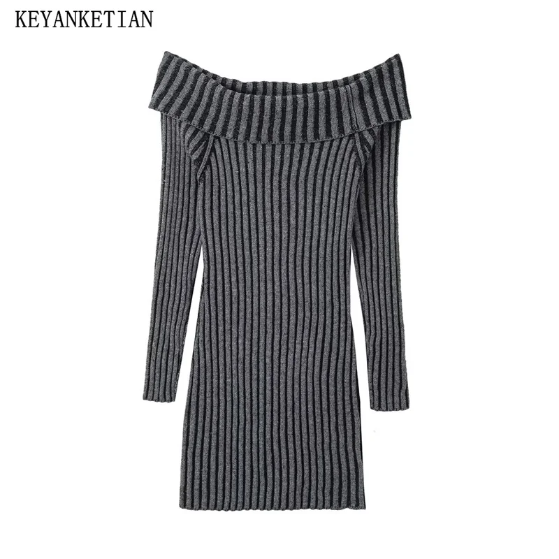 

KEYANKETIAN, новинка, женские вязаные платья с воротником-лодочкой, стильное сексуальное темно-серое облегающее мини-платье с открытыми плечами и длинным рукавом