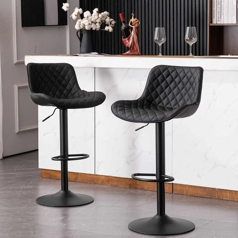 

YOUTASTE Black Bar Stools Counter Height Adjustable Stool Set of 2 Faux Leather Padded stools Swivel Metal High Back Diam