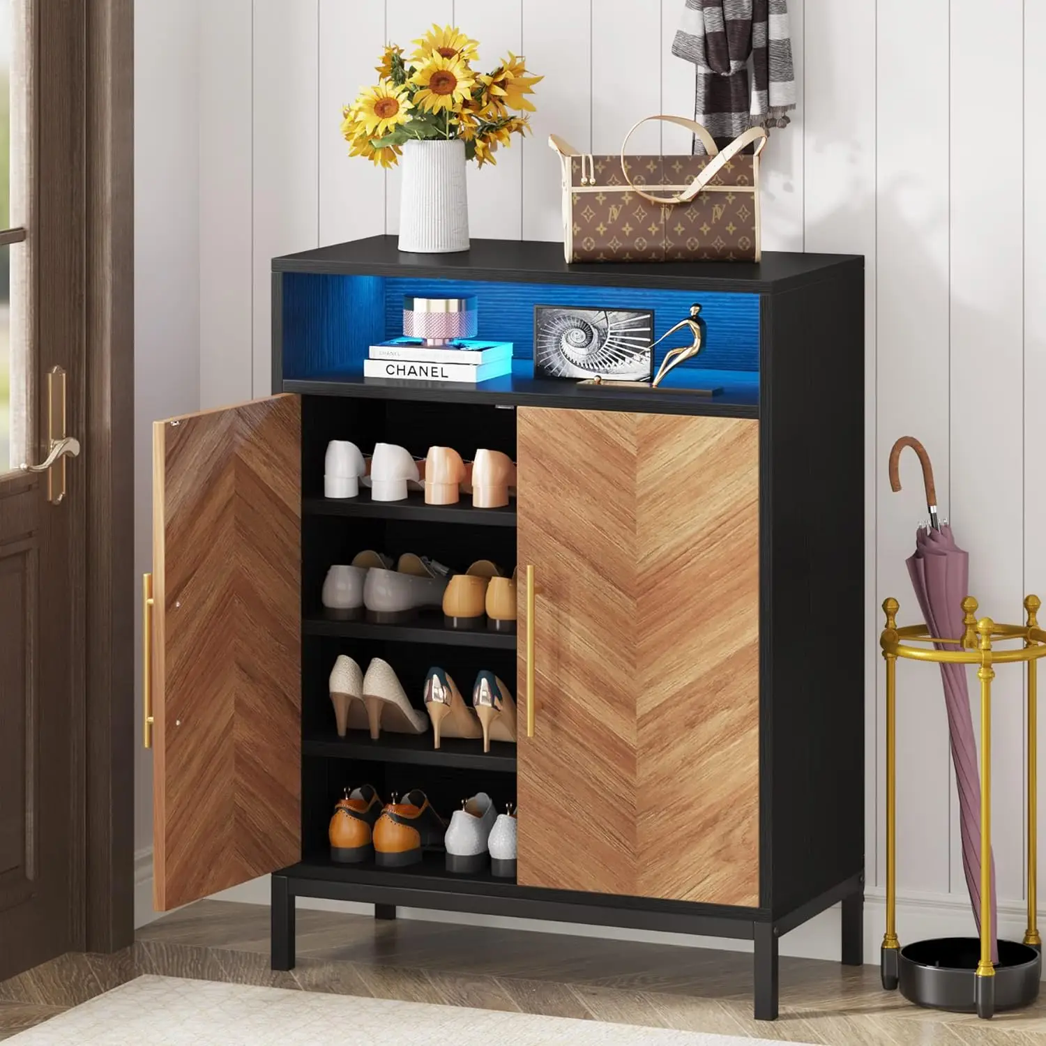 

Shoe Cabinet with Doors and Shelves, 16 Pairs Entryway Cabinet with Led Light, 5-Tier Free Standing Racks Storage