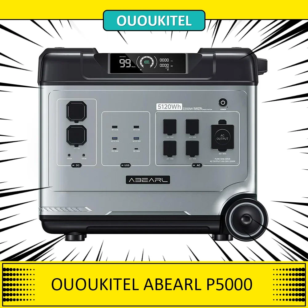 Ououkitel Abearl P5000 Centrale Elettrica Portatile, Batteria Lifepo4 Da 5120Wh, Uscita 2200W, 15 Uscite Smart Bms System Ups Senza Soluzione Di Conti