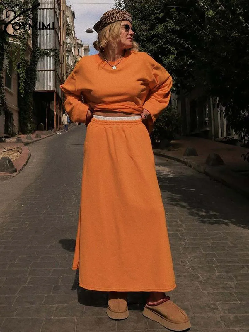 Oymimi Fashion Orange Knitting Womens 2 Piece Outfit Set Casual Long Sleeve Simple O-Neck Tops And Solid Ankle-Length Skirts Set