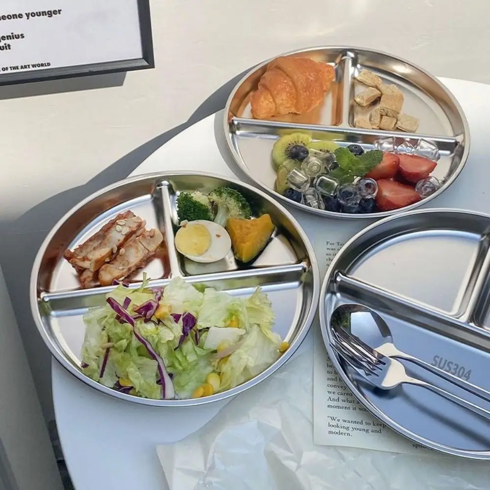 304 Stainless Steel Portion Control Plates 9" inch Round Divided Plates for Adults Kids Reusable Food Trays Salad Barbecue Plate