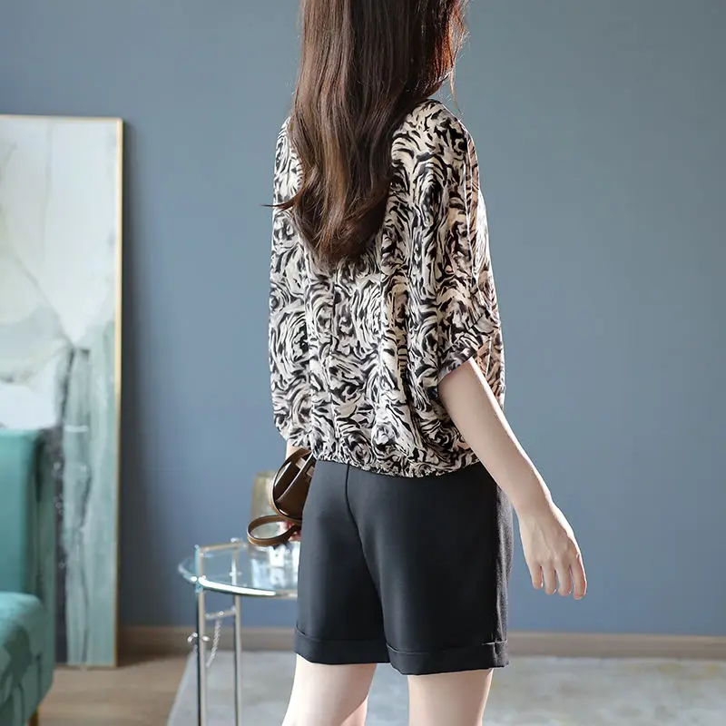Women's Round Neck Short Sleeve Printing Pullovers, Chiffon All-Match Clothing, Korean Top, Spring, Summer, 2024