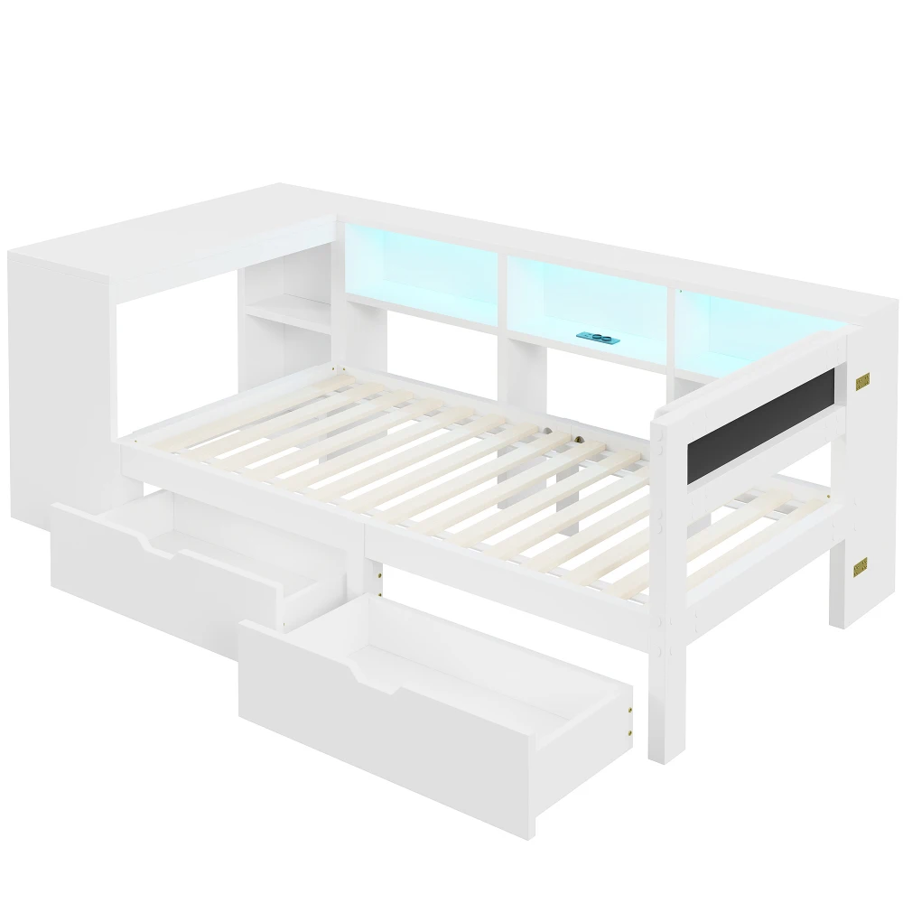 90x200 Plattformbett aus Holz mit Stauraumbereichen, Schubladen, Ladestation und gepolstertem Kopf, mit bunten LED-Leuchten, Weiß – Detail 12