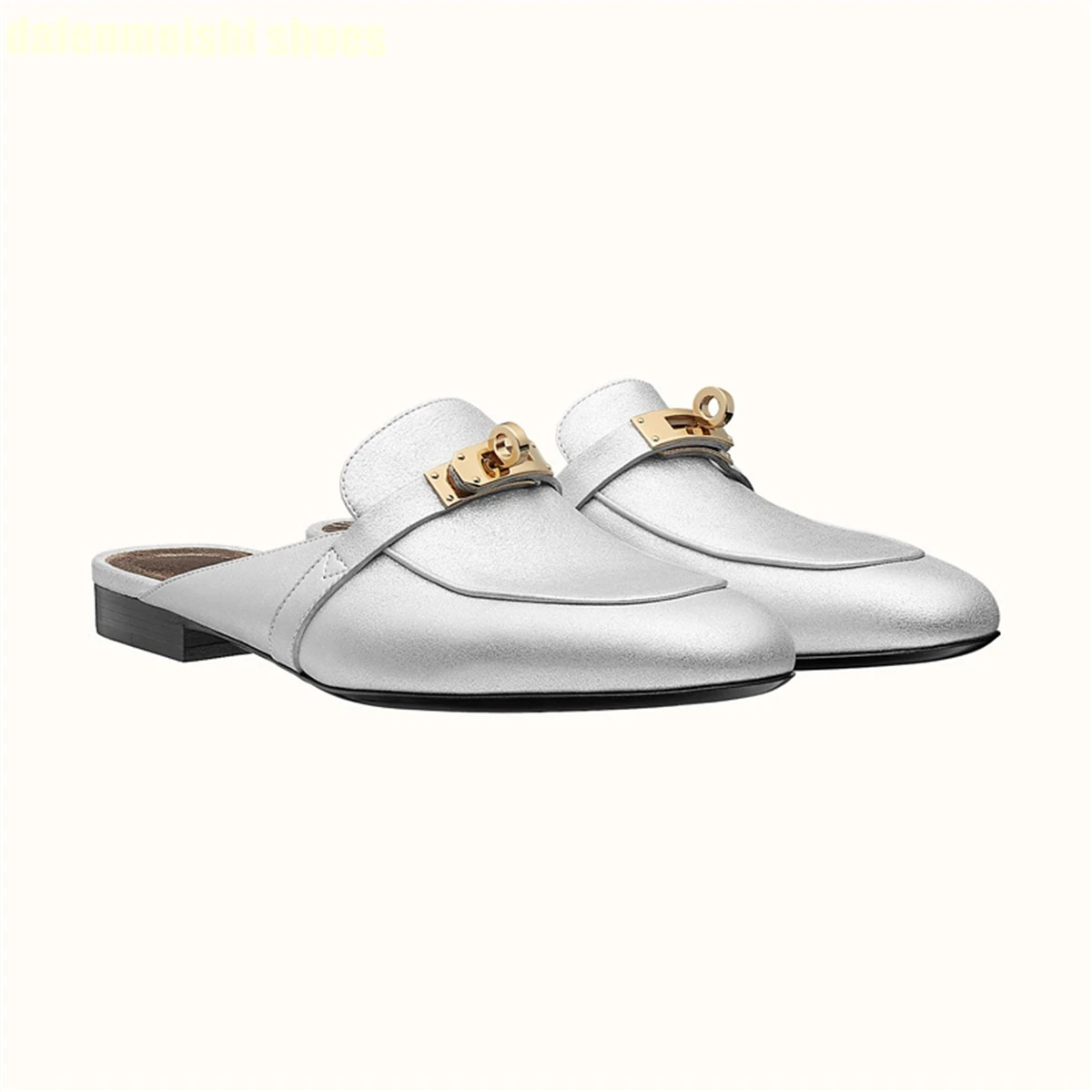 Cowhide Round Toe Metal Buckle Women Shoes 2024 Spring Summer New Style Slippers Slip On Casual Sandals Solid Color Large Size