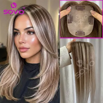 Topper per capelli umani lisci con riflessi per donna 10x12CM, base in pelle con 4 clip, capelli veri traspiranti
