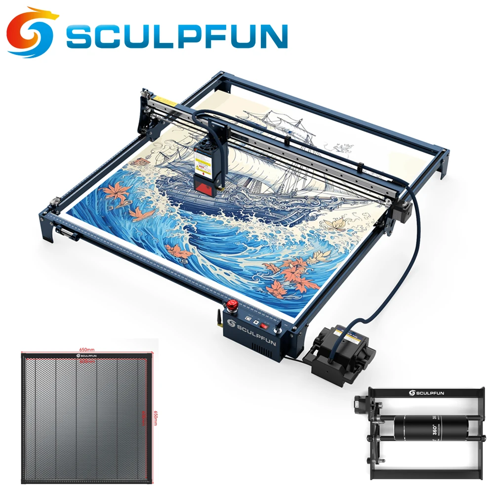 SCULPFUN S30 Ultra 22W Laser Engraving Machine Set 600x600mm Working Area With Automatic Air Assist Replaceable Lens Protection