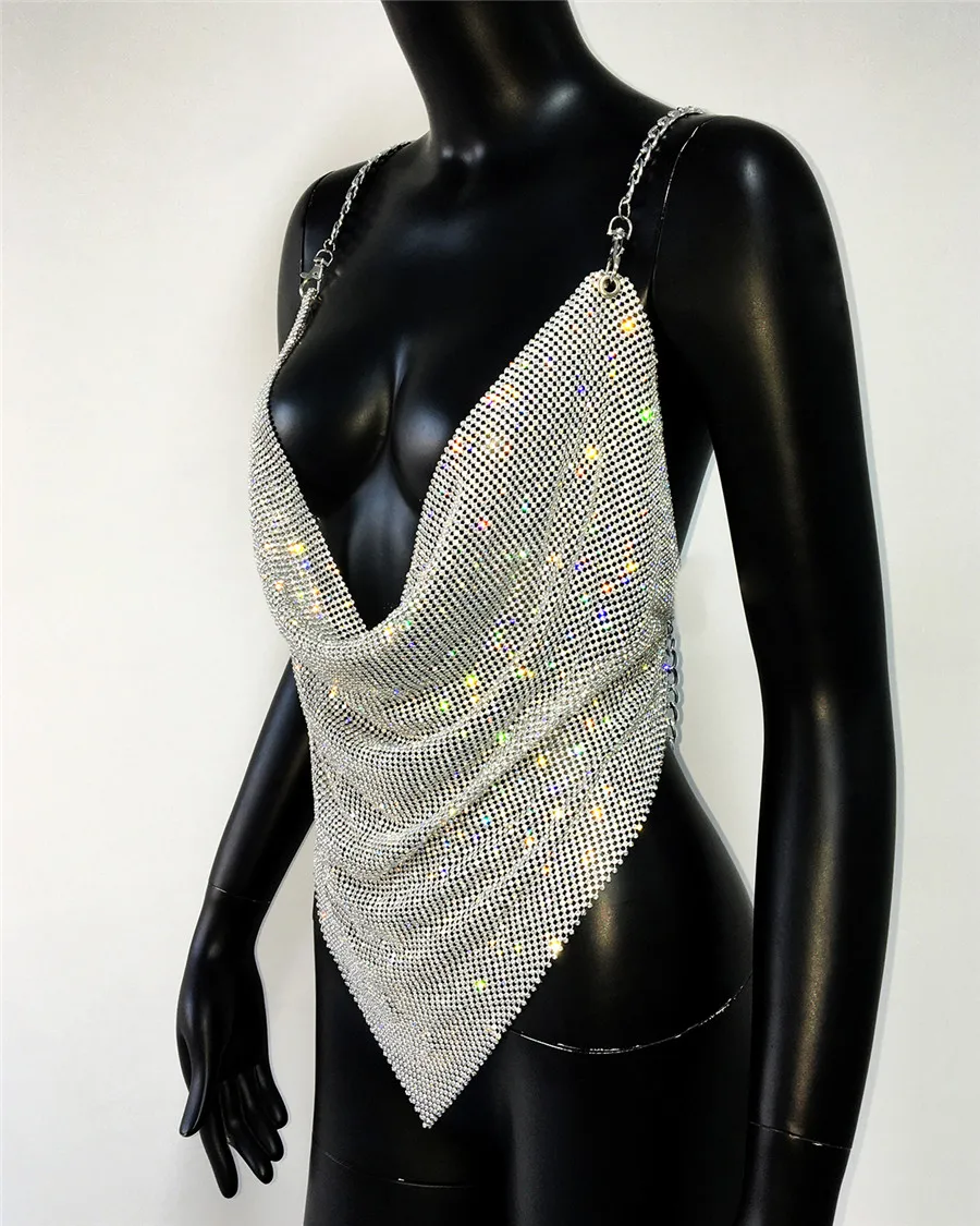 Shiny Rhinestone V Neck Tank Top 2025 Sexy Backless Metal