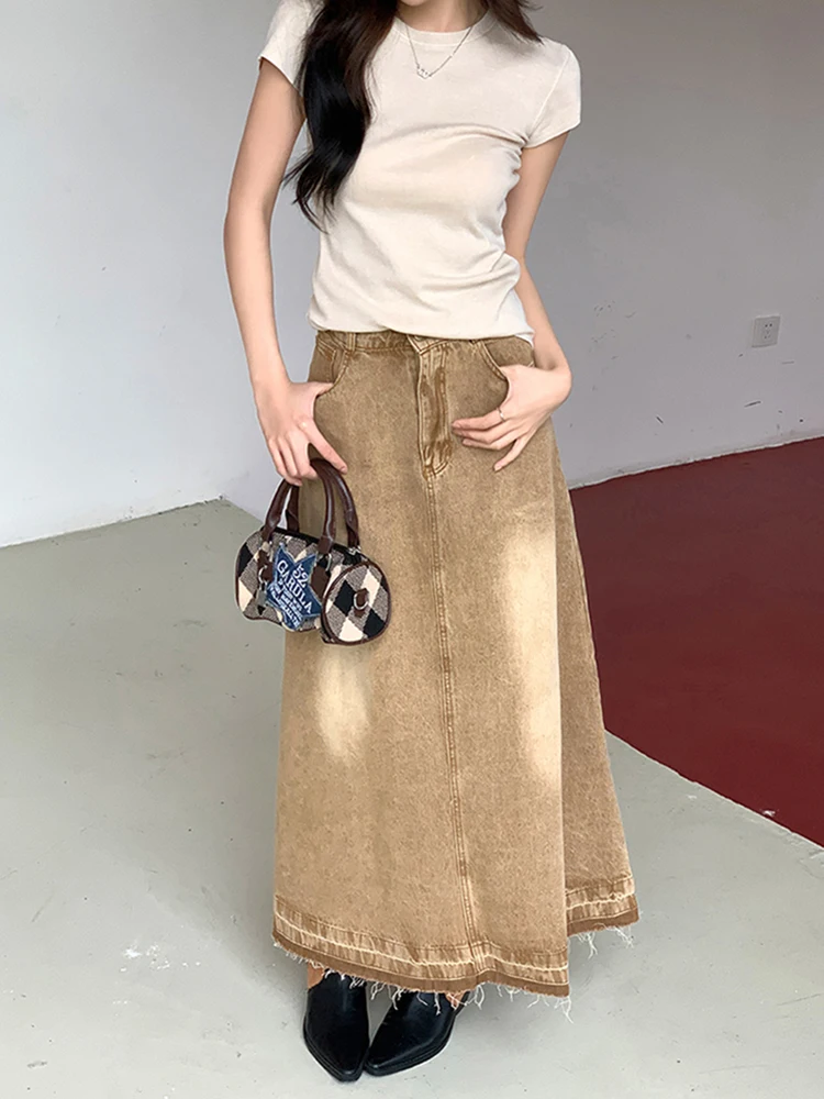 

2023 summer women's new denim half body skirt y2k clothes spicy girls elegant handmade frosted old tassel half body long skirt