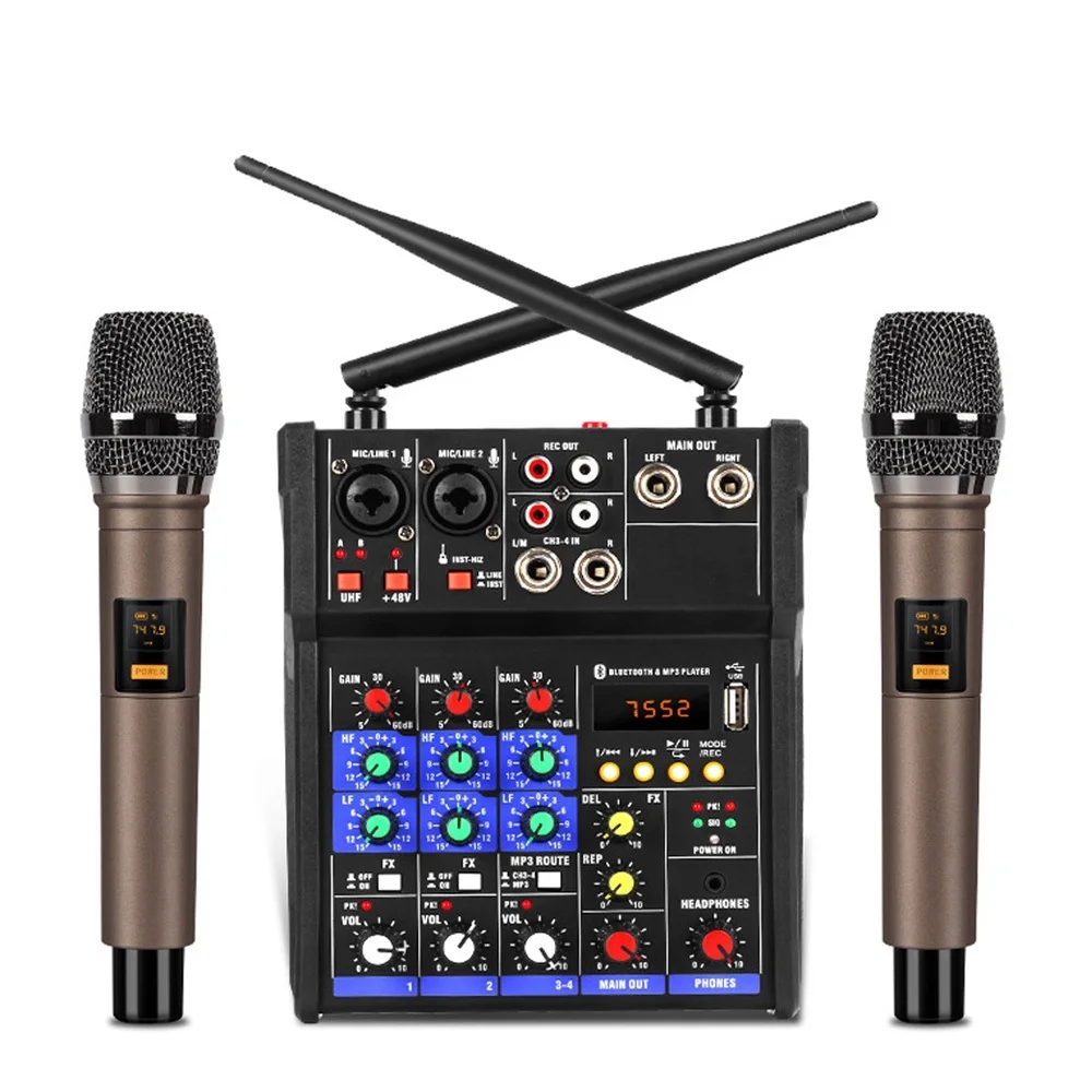 

New Audio DJ Mixer 4 Channels Console with Wireless Microphone Sound Mixing Bluetooth Karaoke Recording Studio Black Color