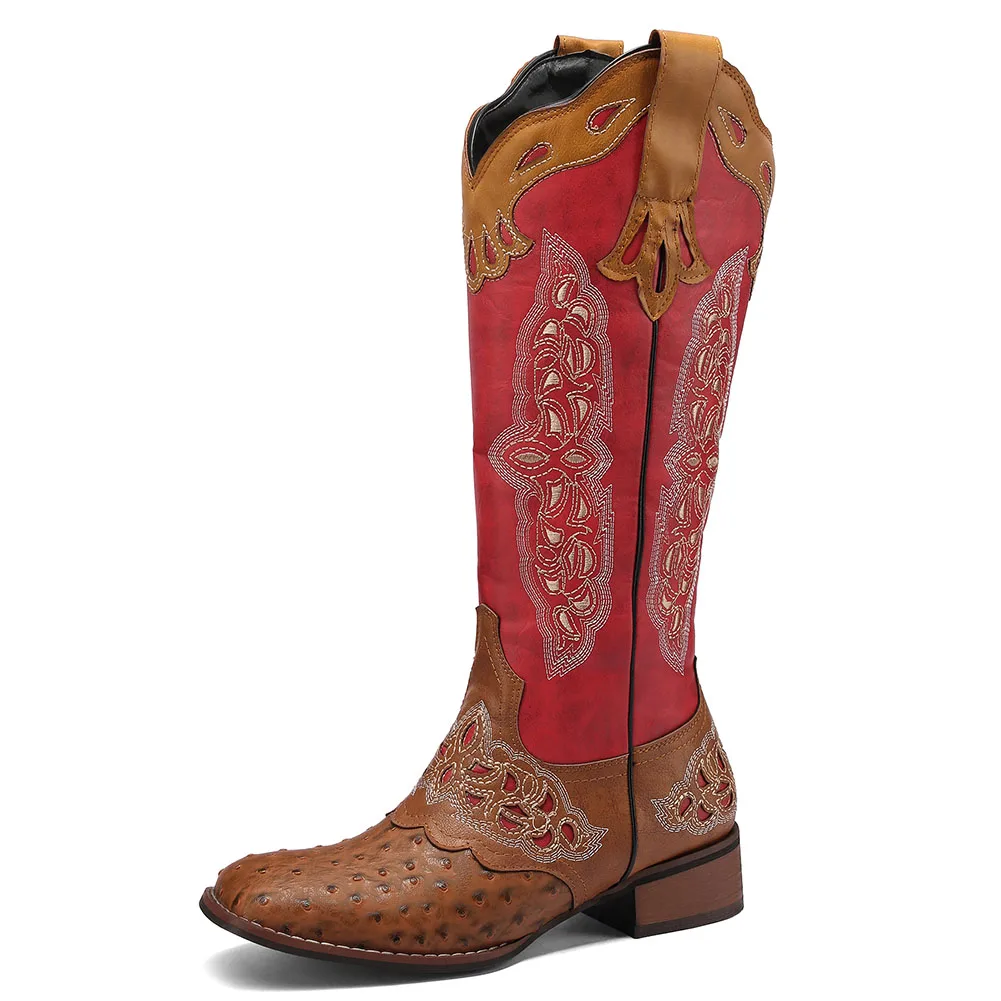 AOSPHIRAYLIAN Western Cowboy Patchwork Sewing Floral Boots For Women 2023 Knee High Retro Cowgirl Riding Women's Shoes Boots
