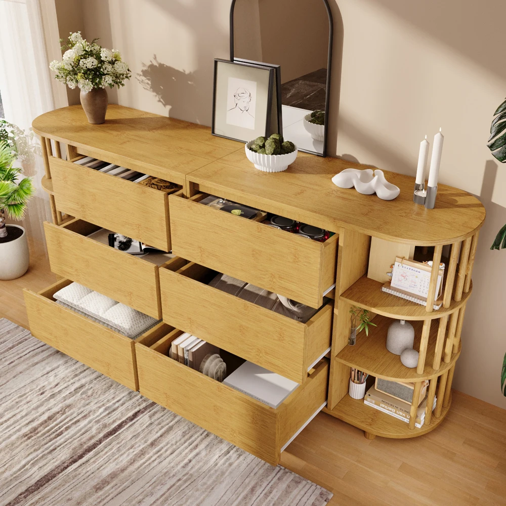 Kommode, Sideboard 160 cm, Eiche, mit Säulen und Bambusregalen, 6 Schubladen und offenen Regalen, höhenverstellbare Füße, L160 x H75 x B 40 cm – Detail 11