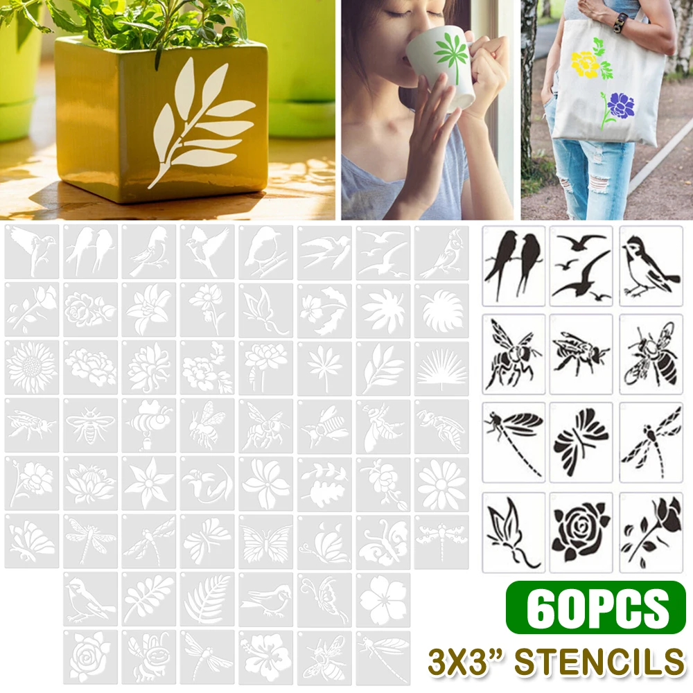 60pcs 3x3in Reusable Stencils Flower Plant Butterfly Stencils for Painting