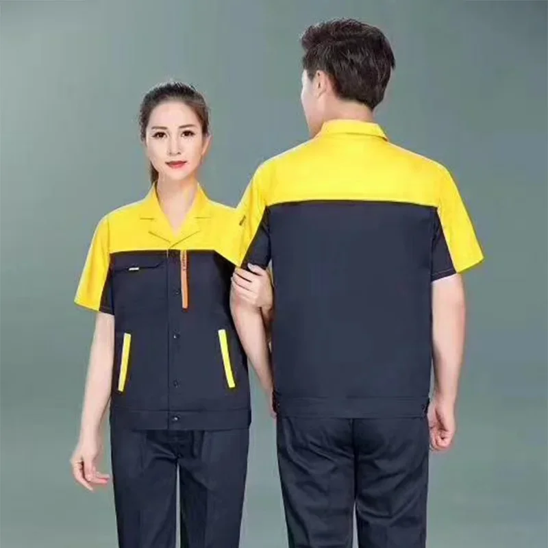 코튼 진 컬러 블로킹 반팔 작업복 상의, 안전 유니폼, 공장 작업실, 여름 작업, 청소년 풀 공예