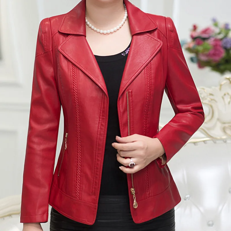 цена 2023 Middle-aged Leather Jacket for Women Soft PU Faux Leather Coat Female Autumn Winter Elegant Outerwear Leather Oversized