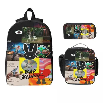 3Pcs Debi Tirar Mas Fotos DTMF Bads Bunnys Music Tour School bags Set for Children Pen Bags Backpack Sets with Lunch Box 1
