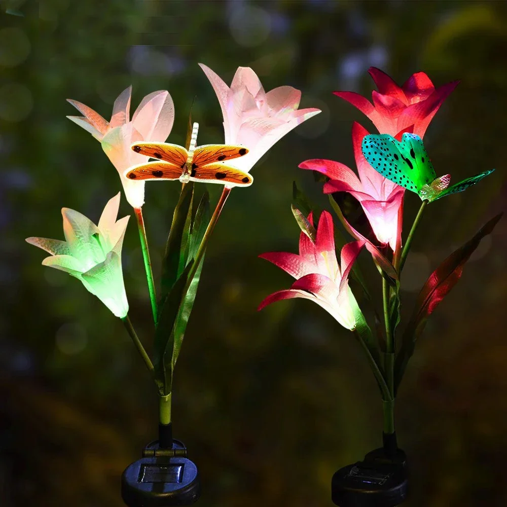 3 Head Led Solar Lily Flower Butterfly Dragonfly Garden Lamp 7 Color Change Lighting Lily Rose Light Lawn Lamp Landscape Decor