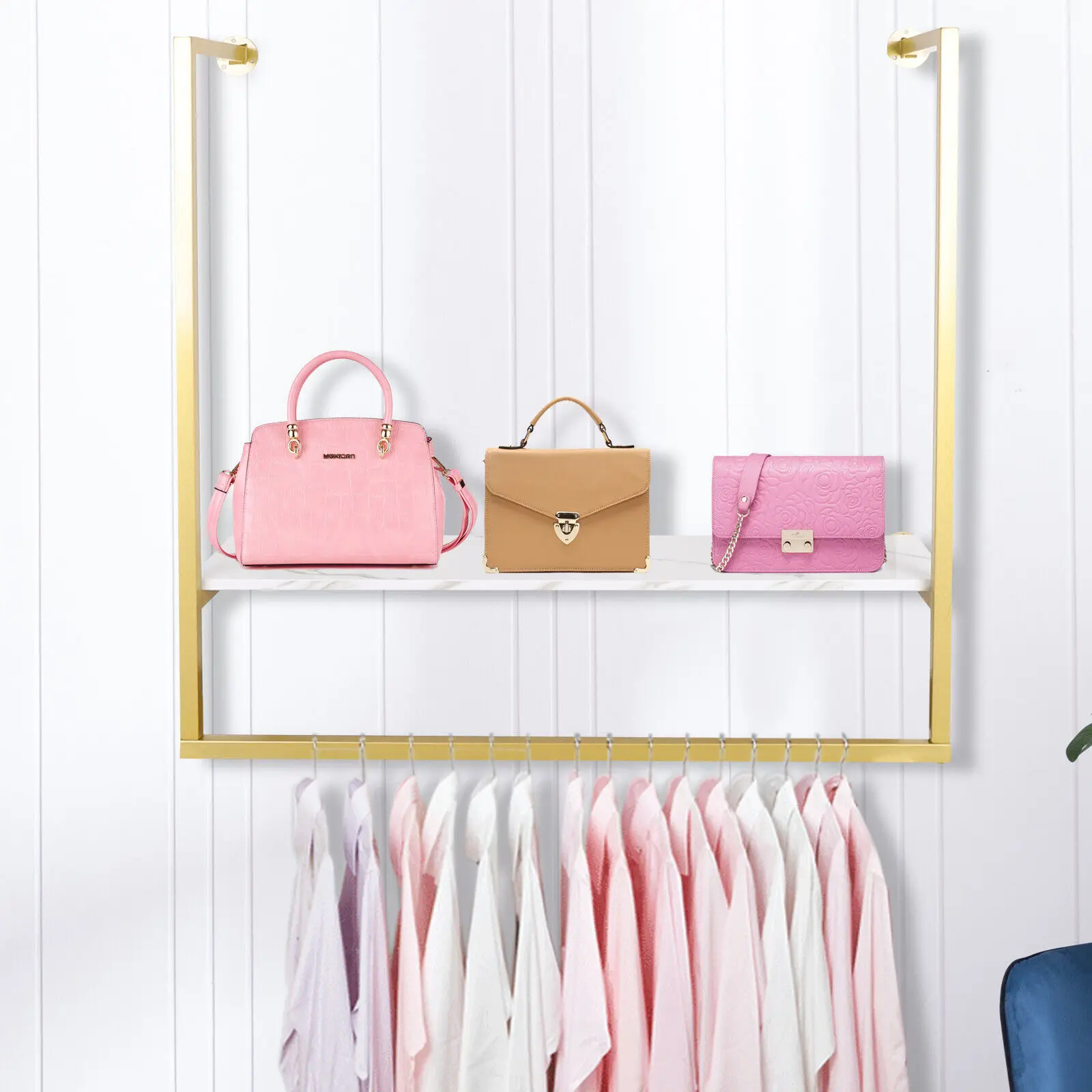 Commercial Wall Mounted Clothing Store Metal Gold Clothes Display Stand Boutique 4