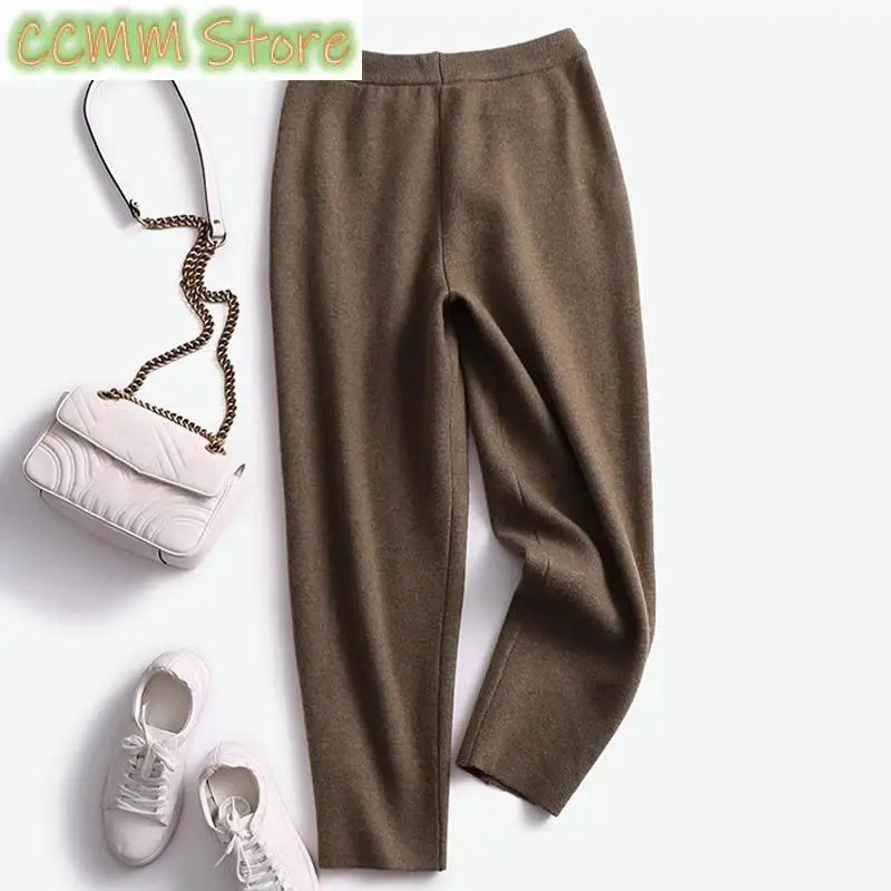 New High-quality Fashion High Waist Drawstring Knitted Pants Women Autumn Winter Warm Harem Nine-point Carrot Pants korean