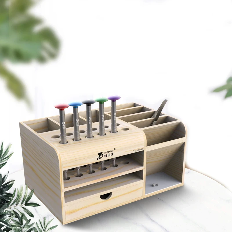 Toolguide Scatola di immagazzinaggio in legno Cacciavite Pinzette Supporto Riparazione del telefono cellulare Reception desktop Strumenti elettronici Scatola di parti di utensili - immagine 2