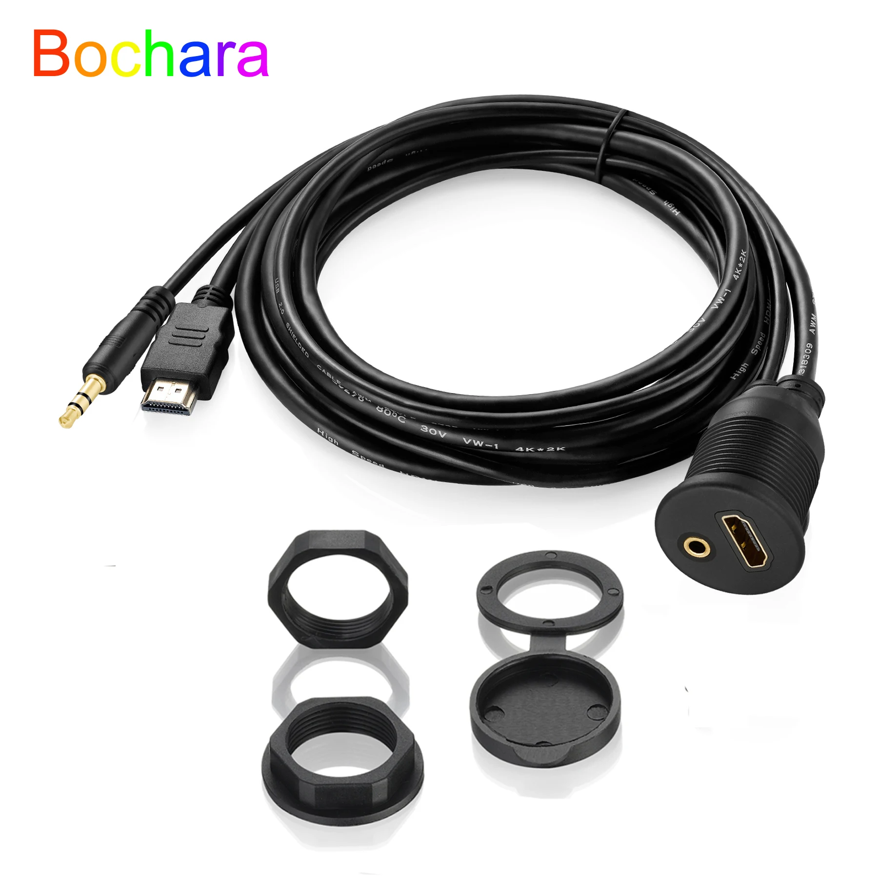 Bochara Dashboard HDMI-Compatible+3.5mm AUX Jack Extension Cable Male to Female Flush Mount Panel For Car Motorcycle