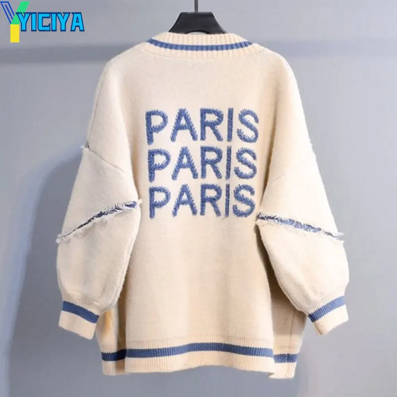 

YICIYA Cardigan sweater High quality Loose Fashion Letter Printed Women Knitted Thicken Plus Size Korean English Alphabet Coat