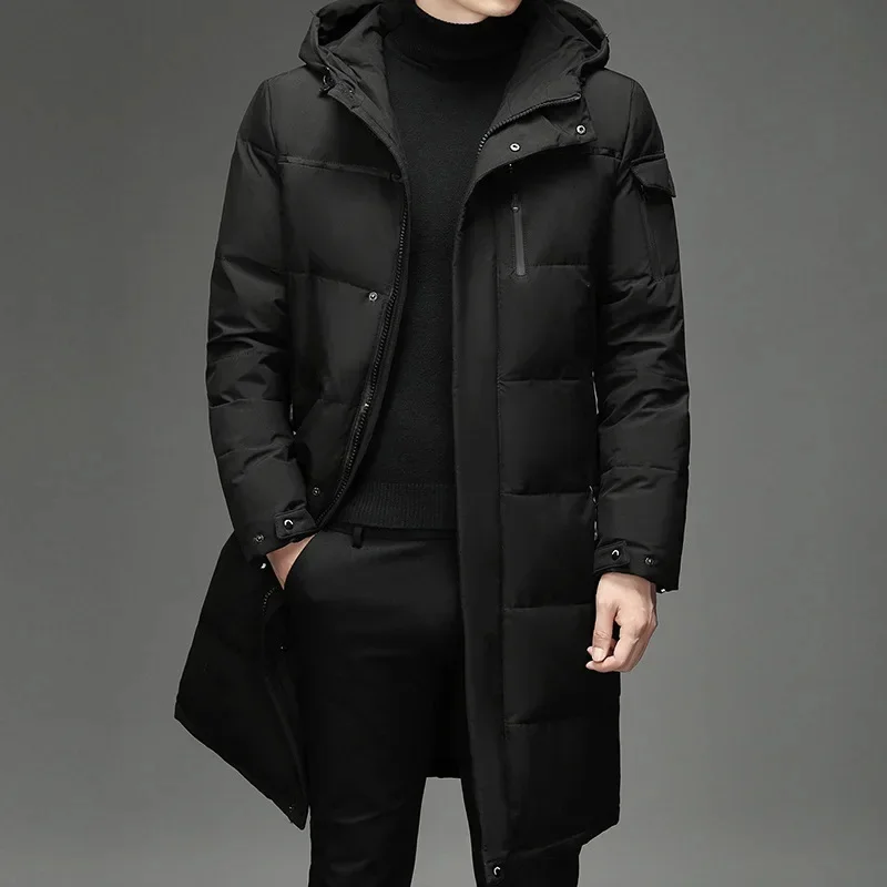 Men's Short Winter Thick White Duck Down Hooded Jacket Multi-pocket Outdoor Set