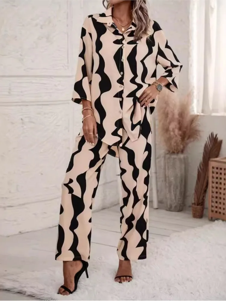 Island Girl Satin Printed Loose Slit Sleeve One Shoulder Top and Elastic Waist Pants Set